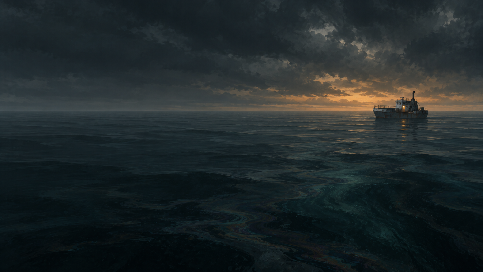 A small, rusted fishing boat on a vast dark ocean beneath an amber horizon. An indistinct shadow lies below the surface.